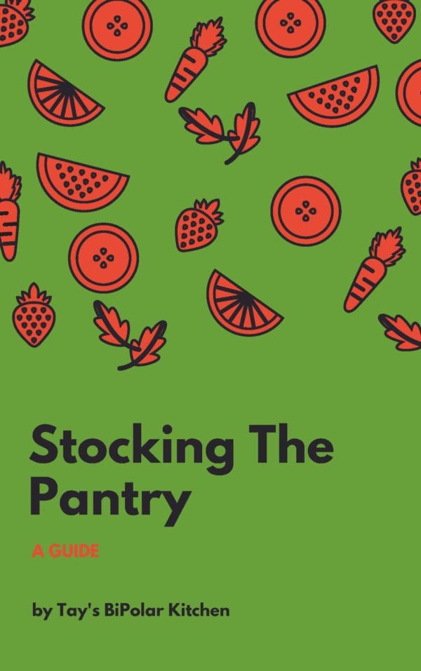 stocking the pantry cover green background with orange images of fruits and vegetables
