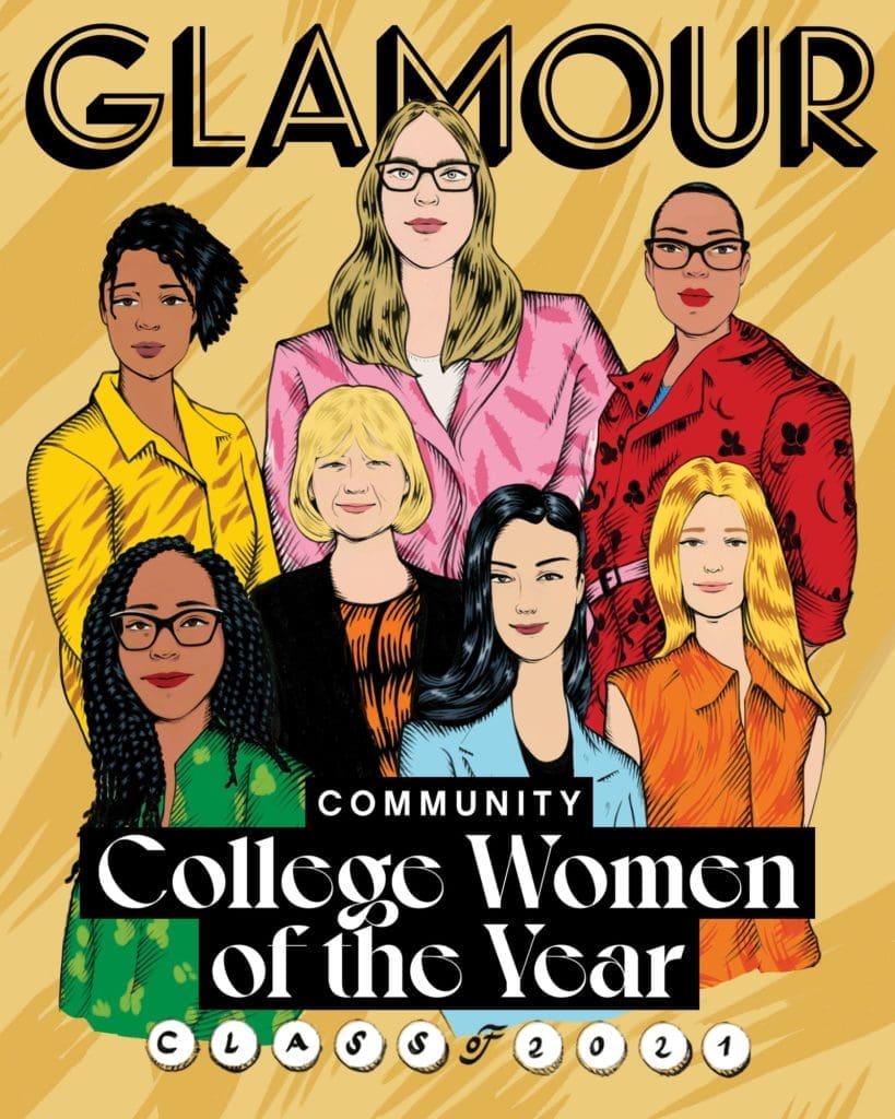 Glamour community college women of the year drawing with seven women of varying ages and ethnicities.