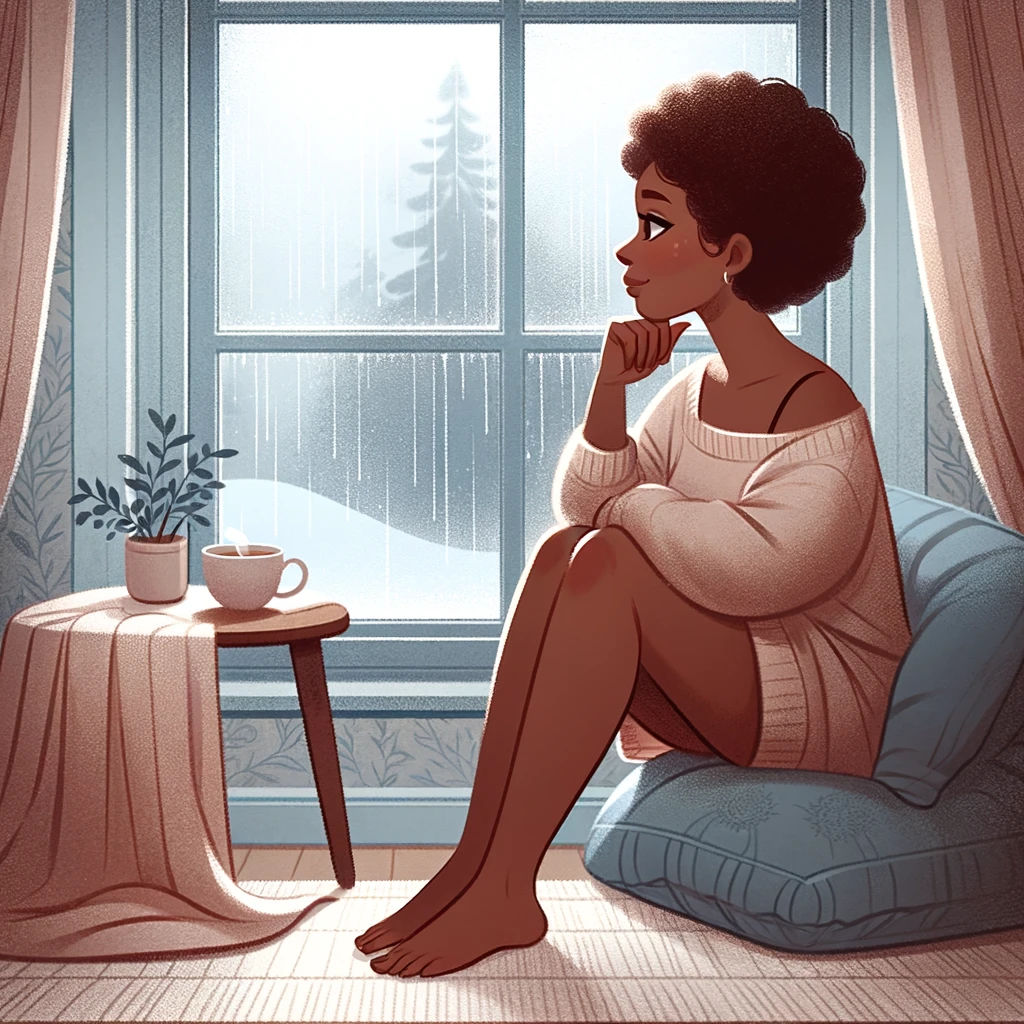 An African American woman in her 40s sits in contemplative grief, marking a death anniversary. She gazes out a window at a serene, rainy scene, reflecting on her healing journey. A cozy setting with a cup of tea and a soft blanket adds to the atmosphere of reflection and peace.