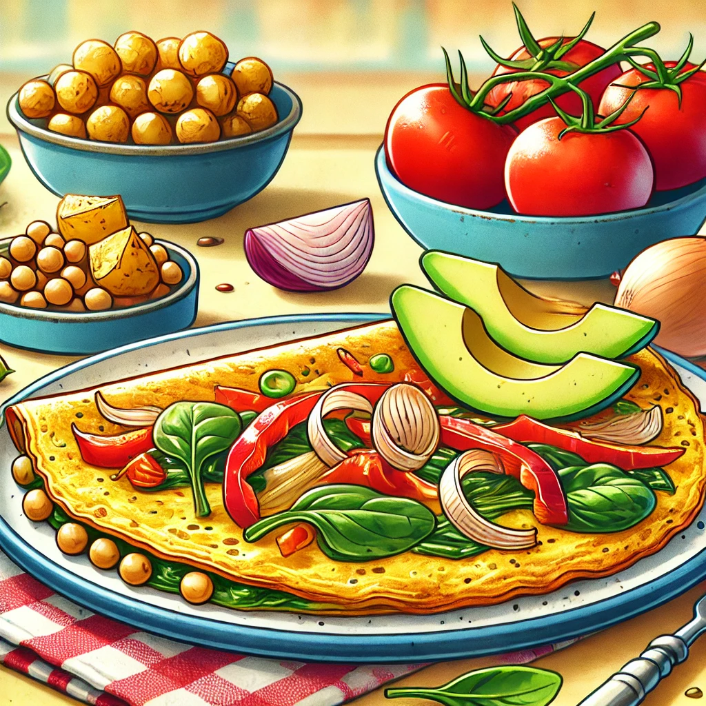 A colorful cartoon illustration of a thin chickpea flour omelet with sautéed onions, bell peppers, and spinach, served with roasted potatoes and avocado. A bowl of diced onions sits in the background alongside vibrant red tomatoes in a bright kitchen setting