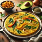 A thin chickpea flour omelet with sautéed onions, bell peppers, and spinach, served with roasted potatoes and avocado